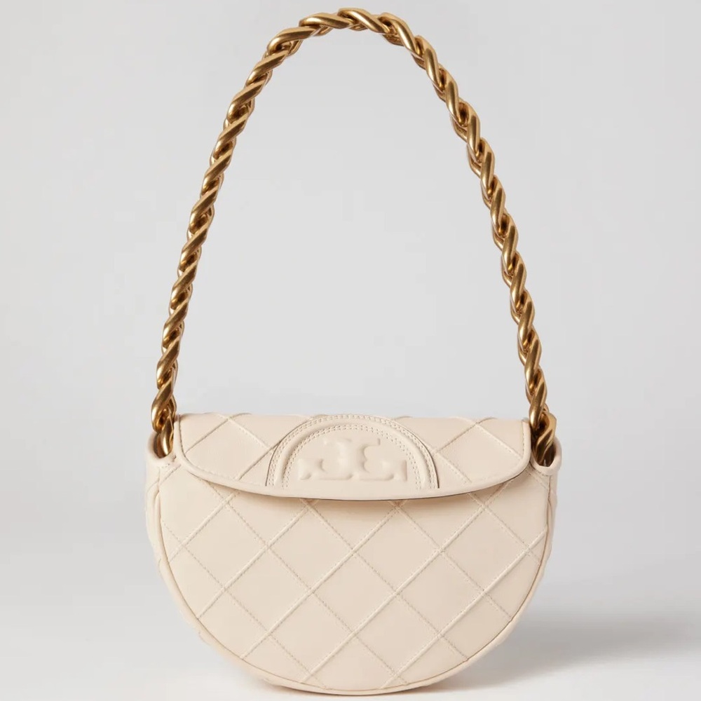 Tory Burch Quilted Half-Moon Shoulder Bag in Cream with Gold Chain